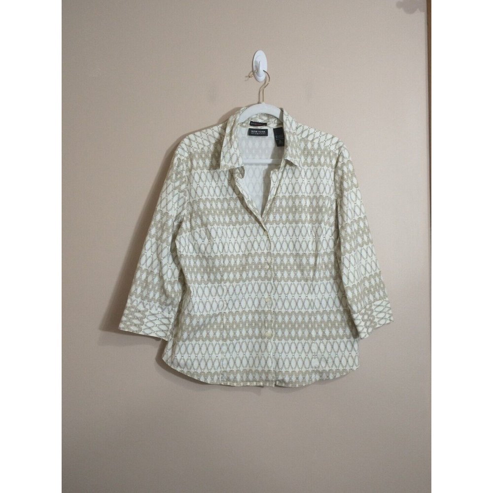 Vintage New York & Company Womens Button Down Shirt Sz XL Beige Geometric Print